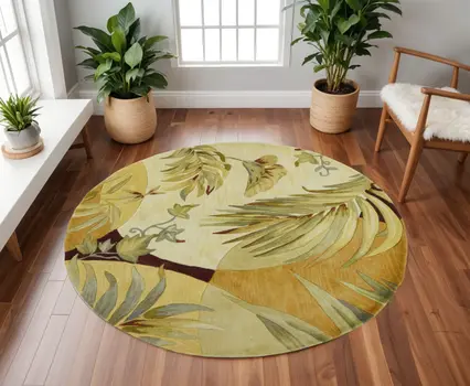 8' Coral Green And Ivory Wool Botanical Leaves Hand Tufted Round Rug