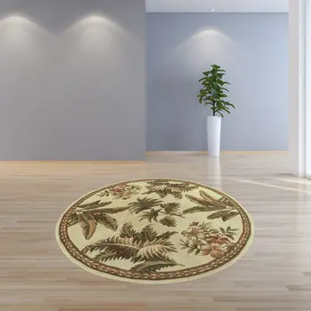 8' Ivory Hand Tufted Bordered Tropical Plants Round Indoor Area Rug