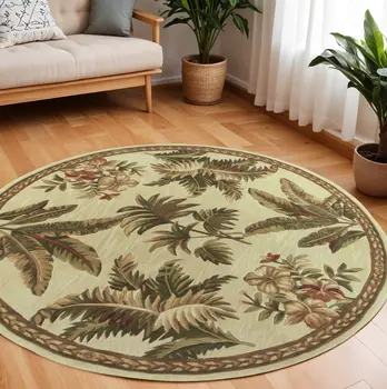 8' Ivory Green And Brown Wool Tropical Botanical Hand Tufted Round Rug