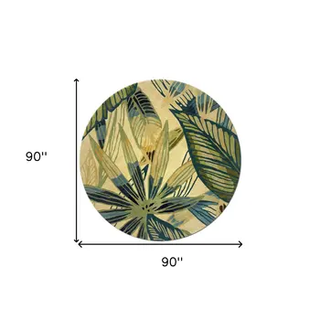 8' Ivory Teal Hand Tufted Tropical Leaves Round Indoor Area Rug