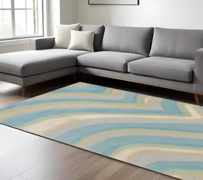 8' X 10' Ocean Blue and Tan Wool Hand Tufted Area Rug