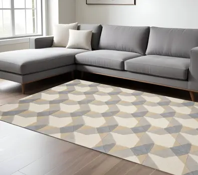 8' X 11' Gray And Ivory Wool Geometric Hand Tufted Area Rug
