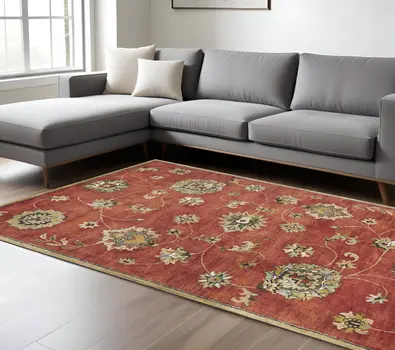 8' X 11' Sienna Gold And Green Wool Floral Vines Hand Tufted Area Rug