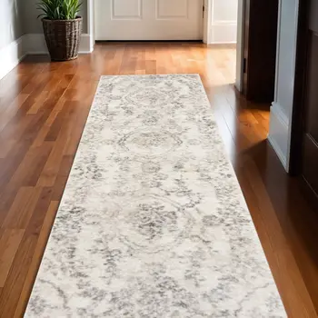 9' X 13' Gray And Dark Gray Floral Distressed Area Rug