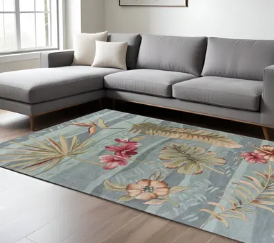 8' X 11' Gray Green And Red Tropical Botanical Hand Tufted Area Rug