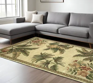 8' X 10' Ivory Wool Tropical Botanical Hand Tufted Area Rug