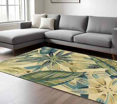 8' X 10' Ivory And Teal Wool Botanical Leaves Hand Tufted Area Rug