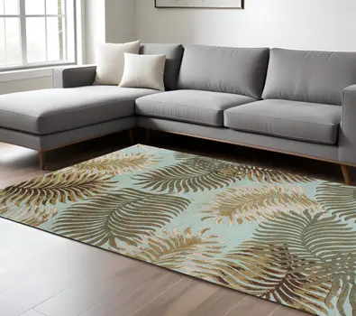 8' X 10' Aqua And Brown Wool Botanical Leaves Hand Tufted Area Rug