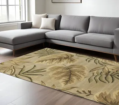 8' X 11' Sand And Beige Wool Botanical Leaves Hand Tufted Area Rug