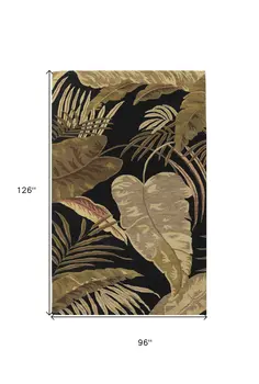 8' X 11' Black Beige And Green Wool Botanical Leaves Hand Tufted Area Rug