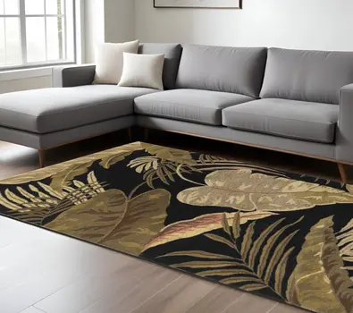 8' X 11' Black Beige And Green Wool Botanical Leaves Hand Tufted Area Rug