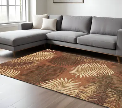 8' X 10' Rust Orange And Green Wool Botanical Leaves Hand Tufted Area Rug