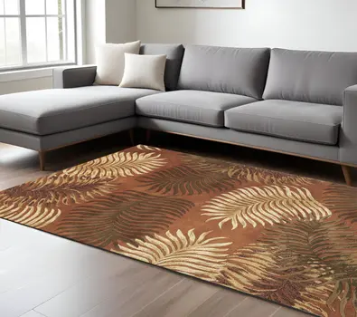 8' X 10' Rust Orange And Green Wool Botanical Leaves Hand Tufted Area Rug
