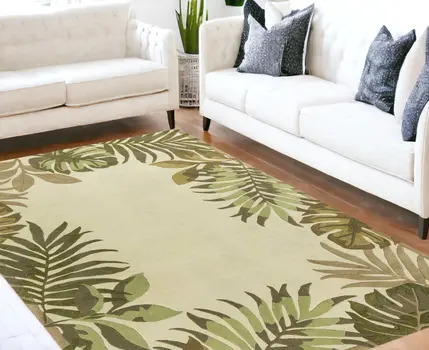 8' X 11' Ivory Hand Tufted Bordered Tropical Leaves Indoor Area Rug