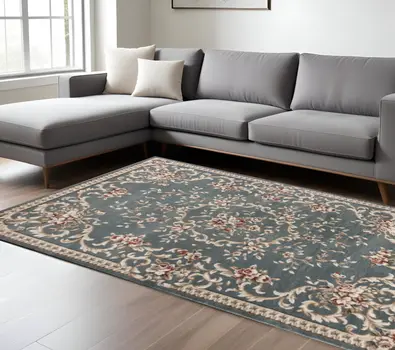 9' X 12' Slate Blue and Ivory Floral Area Rug