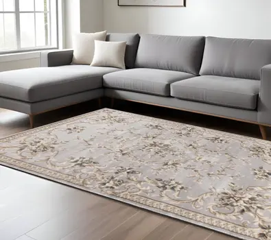 9' X 12' Light Gray And Taupe Floral Area Rug