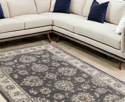 9' X 12' Grey Ivory Bordered Floral Indoor Area Rug