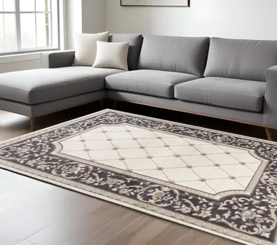 9' X 12' Ivory And Gray Floral Area Rug