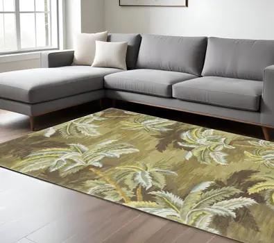 8' X 11'  Wool  Moss Green Palm Trees Area Rug