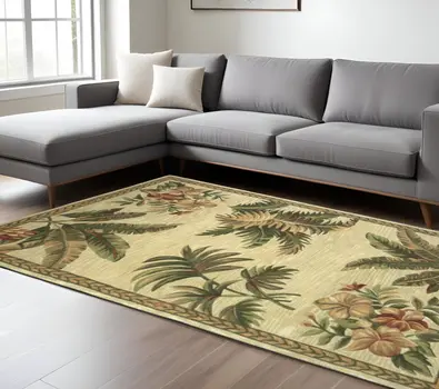 8' X 11'  Wool Ivory With Laurel Border Palm Tree Area Rug