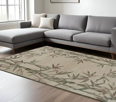 9' X 12' Ivory And Green Wool Tropical Botanical Hand Tufted Area Rug