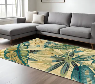 9' X 12' Ivory and Blue Wool Tropical Botanical Handmade Area Rug