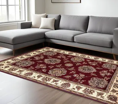 10' X 13' Red And Ivory Floral Area Rug