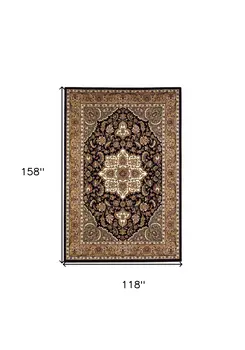 10' X 13' Black Beige Machine Woven Floral Medallion Indoor Area Rug