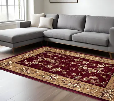 10' X 13' Red And Beige Floral Vines Area Rug