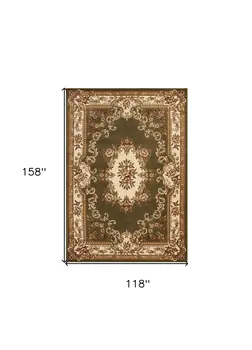 10' X 13' Green And Ivory Floral Medallion Area Rug