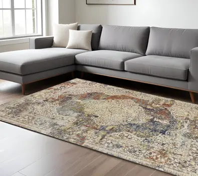 10' X 13' Ivory Blue and Orange Medallion Area Rug
