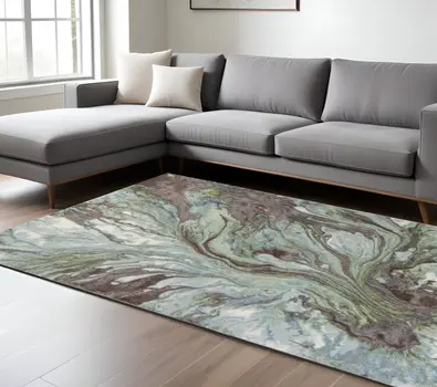9' X 13'  Green And Brown Abstract Marble Area Rug