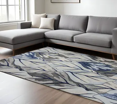 10' X 13' Gray And Navy Blue Botanical Leaves Area Rug