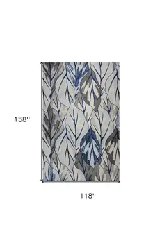 10' X 13' Gray And Navy Blue Botanical Leaves Area Rug