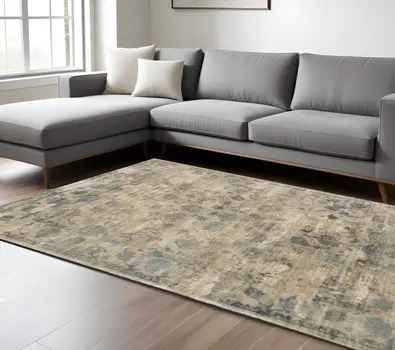 9' X 12' Blue Floral Vines Hand Loomed Distressed Area Rug