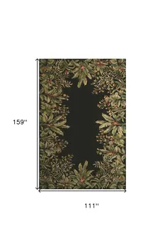 9' X 13' Green and Black Wool Tropical Floral Hand Tufted Area Rug
