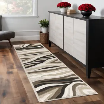 2' X 7' Natural Abstract Waves Wool Runner Rug