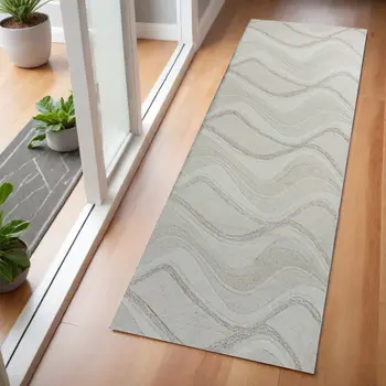 2' X 7' Ivory Abstract Waves Wool Runner Rug