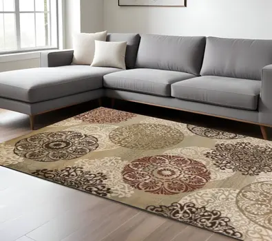 5' X 8' Sage Red And Black Floral Medallion Area Rug