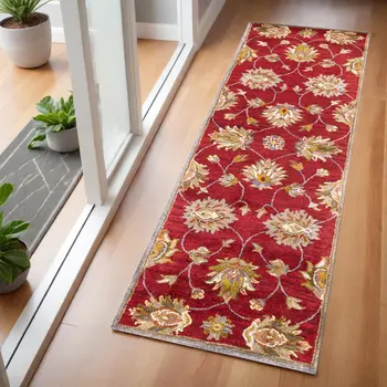 2' X 7' Red Floral Vines Bordered Wool Runner Rug
