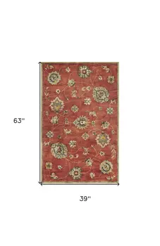 3' X 5' Red Gold And Green New Zealand Lambs Wool Floral Medallion Hand Tufted Area Rug