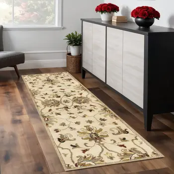 8' Champagne Wool Floral Handmade Runner Rug