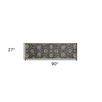 7' Midnight Blue Hand Tufted Wool Traditional Floral Indoor Runner Rug