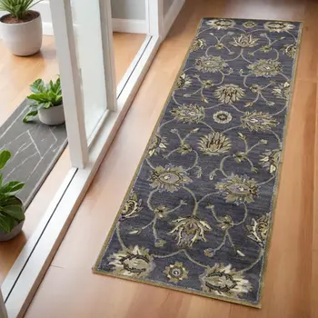 7' Midnight Blue Hand Tufted Wool Traditional Floral Indoor Runner Rug