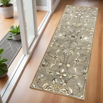 7' Gray And Ivory New Zealand Lambs Wool Floral Hand Tufted Runner Rug