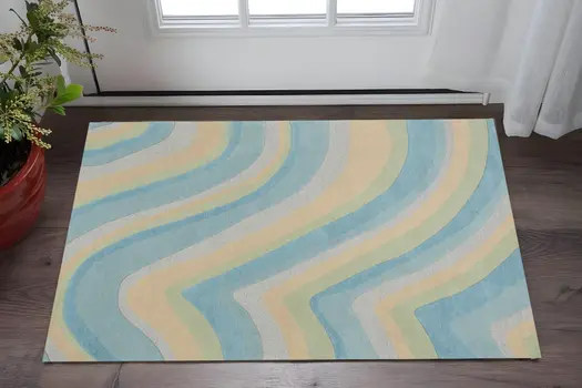 3' X 5' Blue And Beige Wool Abstract Hand Tufted Area Rug
