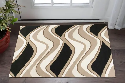 3' X 5' Black Or Beige Abstract Waves Wool Area Rug
