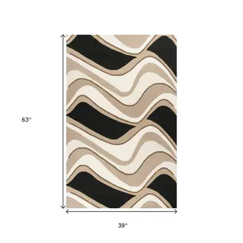 3' X 5' Black Or Beige Abstract Waves Wool Area Rug