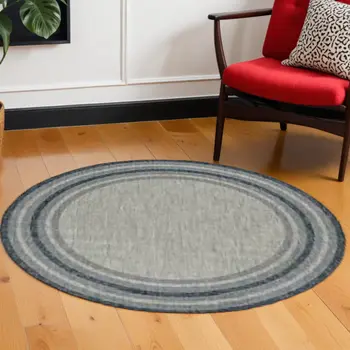 8' Blue And Gray Round Striped Indoor Outdoor Area Rug