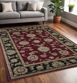 5' X 8' Red And Black Floral Area Rug